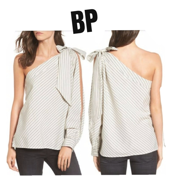bp Tops - BP. Black & White Pinstripe Split Long Sleeve One Shoulder Dress Blouse Sz XXS